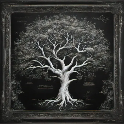 a single family tree in the style of white chalk and a blackboard background, small picture frames scattered on the branches of the branches and roots, ultra detalhado, hd