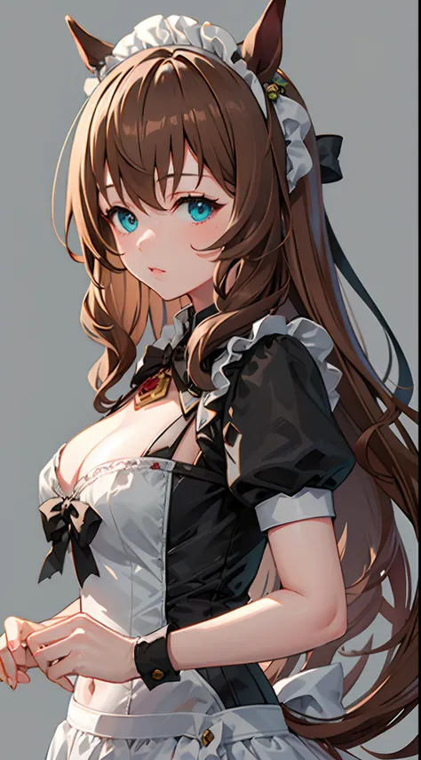 girl with、Brown hair、long、Blue eyes、Horse-eared girl、Brown horse tail、maid clothes(Gothic lolita)、Background Cafe