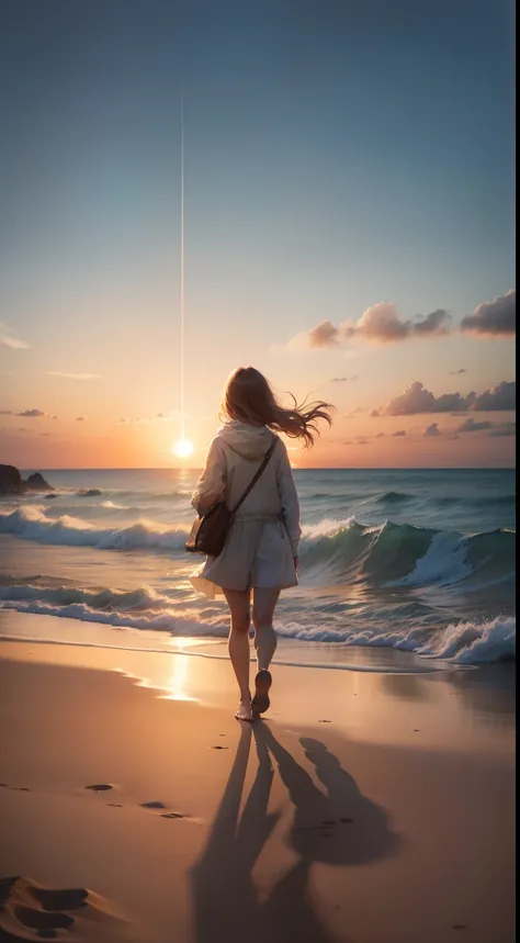 At the beach, the suns last rays paint the sky with a breathtaking display of warm hues. The girl walking on the shore carries a journal, stopping occasionally to jot down her thoughts. As she walks, her footprints become part of the artistry in the sand, ...