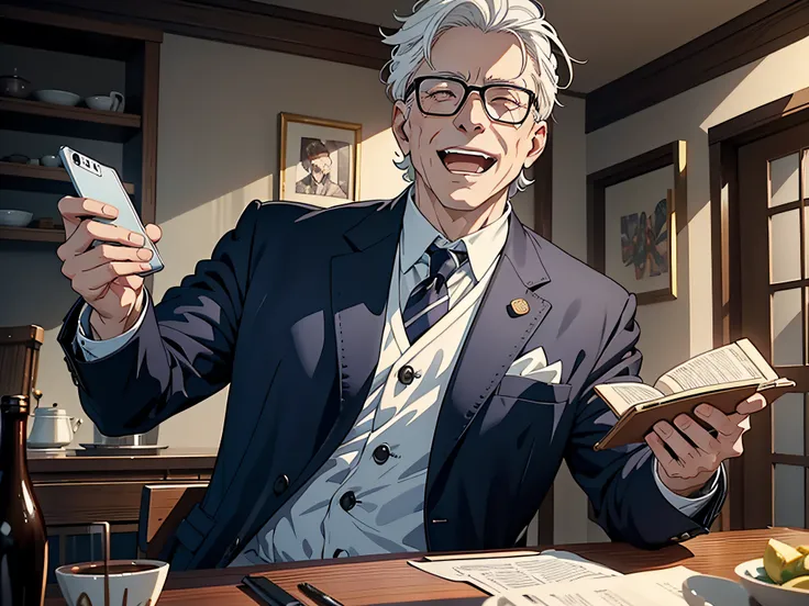 A rich middle-aged man，White hair，Laugh with joy and joy，Inside the house，The upper part of the body，Hold your phone and make a call，Anime 4K masterpiece