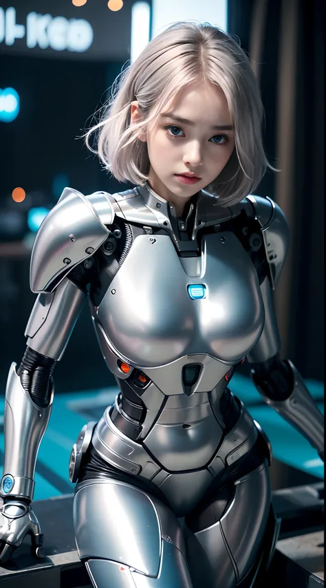 the best ever、8K,(((full body Esbian)))、(((The sheen)))、(((Very shiny metal suit)))、(((Very hard shining armor)))、The cute beauty of the mecha(Best Quality, Detailed details, masutepiece, , 8K, Chiaroscuro，Colossal tits、Bust photos are ultra-realistic and ...