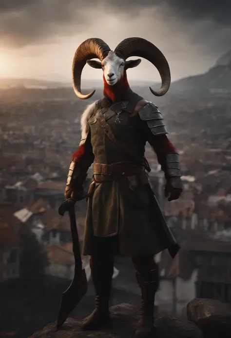 Goat-faced demon ，Wear military uniforms，Pick up the axe，red - eyed，unholy，Fierce，rampage ，Stand at the highest part of the city，Observe the city，Behind is the Demon Legion，Epic war fantasy digital art，tmasterpiece，high qulity，8K，UHD resolution，Detailed de...