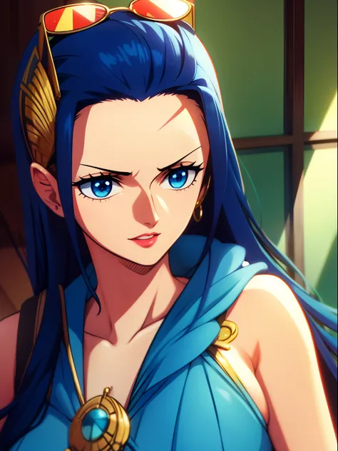 Robin Nicobar From One-piece , blue blows , blue transperent Sunglasses on her he , long hair , blue eyes , red lips , gold hearing on her hearing, hyper realistic Detailed high quality image 4k Image