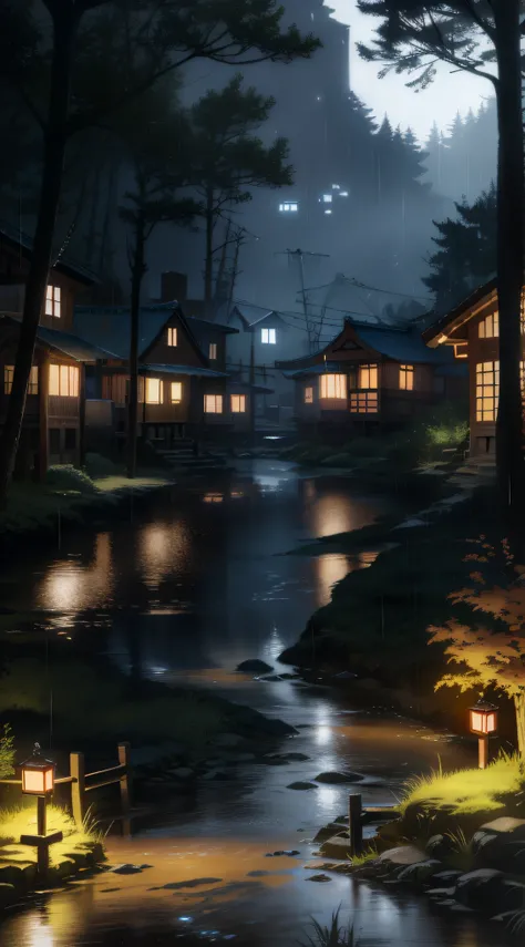 Night view of a small town，A small stream flows through it, village in the woods, nightime village background, realistic photo of a town, hideen village in the forest, villages ， illusory engine, 4k concept art and hyper realism, night time render, photore...