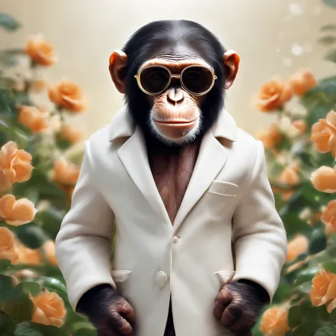 Perfect centring, Cute little chimpanzee, Wearing a jacket，crystal vases，Rose flower, Wearing sunglasses, cheerfulness, Standing position, Abstract beauty, Centered, Looking at the camera, Facing the camera, nearing perfection, Dynamic, Highly detailed, sm...