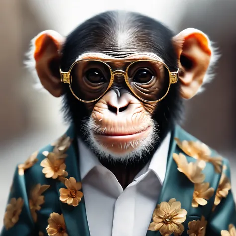 Perfect centring, Cute little chimpanzee, Wearing a jacket，crystal vases，Rose flower, Wearing sunglasses, cheerfulness, Standing position, Abstract beauty, Centered, Looking at the camera, Facing the camera, nearing perfection, Dynamic, Highly detailed, sm...