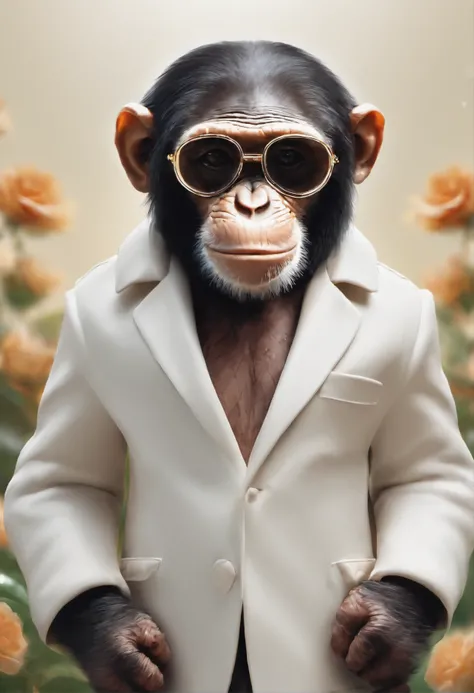 Perfect centring, Cute little chimpanzee, Wearing a jacket，crystal vases，Rose flower, Wearing sunglasses, cheerfulness, Standing position, Abstract beauty, Centered, Looking at the camera, Facing the camera, nearing perfection, Dynamic, Highly detailed, sm...