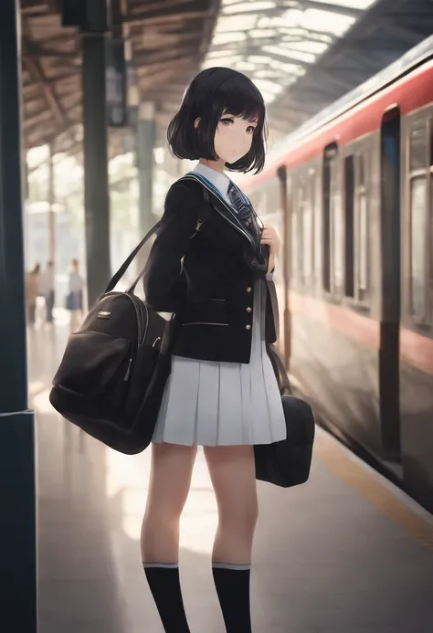 black border,  dynamic angle, masterpiece, best quality, 1girl, solo focus ,school uniform, black hair, upper body,  short hair, serafuku, train station, school bag, crowd,  depth of field