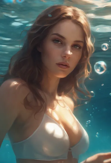 foreshortening,  depth of field, masterpiece, best quality, 1girl, brown hair, brown eyes,  long hair, underwater, air bubble, solo, looking at viewer, school swimsuit, swimming,  dappled sunlight,