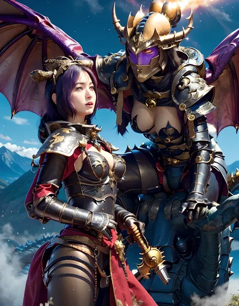 Professional , ​masterpiece、top-quality、photos realistic , depth of fields 、（Dragon Blue Metal Body:1.９),(Enamel purple、（cleavage of the breast）、Mystical expression、Dragon Gold Weapon、（Red Micro Bikini Armor:1.４),Gorgeous gold weapons ,Particles of light、（...