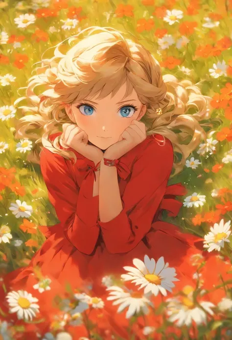 1 girl lies,  in a field of flowers, Red dress, flor branca,  Earrings, view the viewer, Blue eyes, Red ribbon, necklace, Long sleeves, Blonde hair, Short hair, Daisies