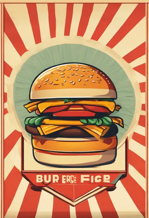 A poster of a burger and fries, with the burger in the middle of the frame taking up a third of the image and the fries on the side. The poster shows retro colours. Flat vector illustration