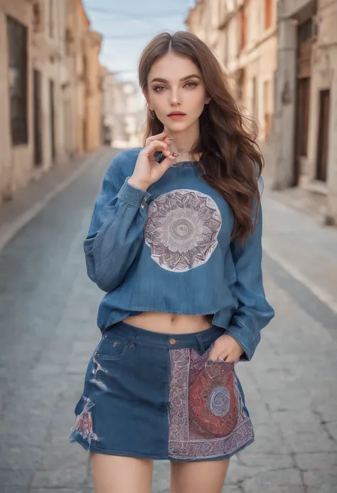 Young beautiful girl, Ultra detailed, offcial art, Unity 8k wallpaper, (FashionMagCover:1.3), Break，Denim mini skirt, graphic tees, Combat boots
, mandalas