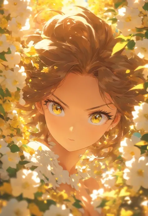 Depth of field, Masterpiece, Best quality, 1girll, Solo, Brown hair, view the viewer, Yellow eyes, Upper body, White shirt, Breasts, off-the-shoulder shirts,Lots of white flowers, leafs, blurryforeground, choker necklace, Sunlight