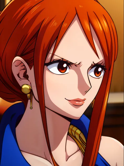 Naami From One-piece , short orange hair ,  red lips , gold hearing on her hearing, hyper realistic Detailed high quality image 4k Image