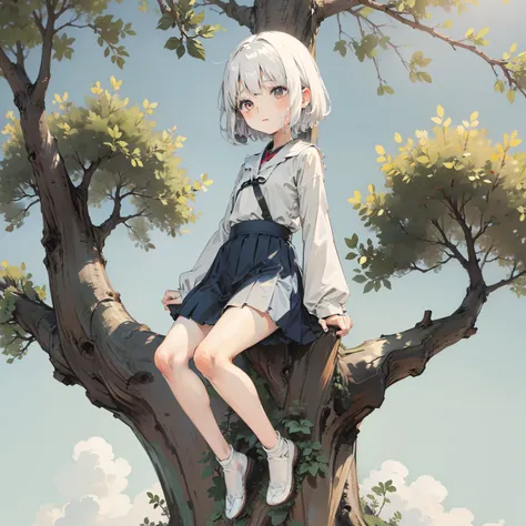 （Stand on a giant tree 1.3），one-girl，Loli,elementary student，独奏, (with short white hair:1.2),