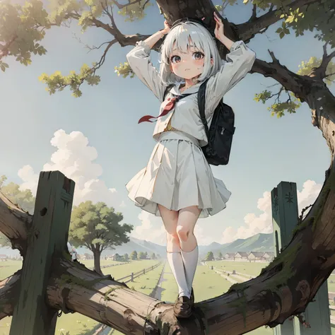 （Stand on a giant tree 1.3），one-girl，Loli,elementary student，独奏, (with short white hair:1.2),