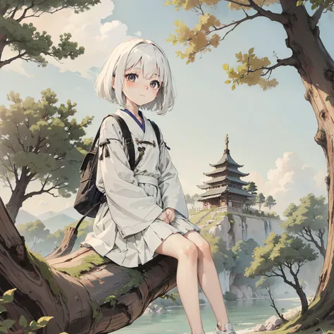 （Stand on a giant tree 1.3），one-girl，Loli,elementary student，独奏, (with short white hair:1.2),