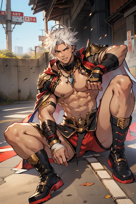 Highest image quality，male people，child，1 boy，Young and handsome，shoun，White color hair，Short flat top hair，Dark  skin，anime big breast，anime wallpaper，Solo，malefocus，Briefs，Dilation of the pectoral muscles，Red cape，Bulging crotch，Urban background，spread t...