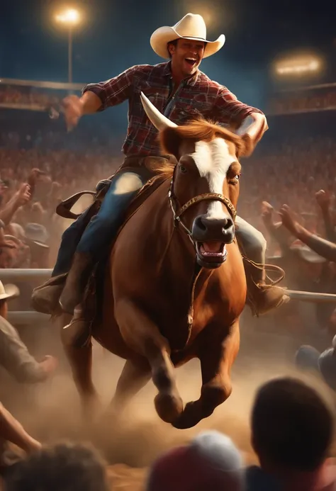 Create a 2D illustration of a brave cowboy riding a mechanical bull as the crowd cheers around. The cowboy must be wearing a worn-out cowboy hat, a plaid shirt and jeans. The mechanical bull should be shown with bright red eyes, chifres prateados e uma pin...