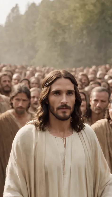 Jesus Christ standing in front of a crowd of people, Afterlife, Depois da vida, anti vida, Arcane TV series style, Afinal de contas, depois de uma batalha, style arcane tv series, estilo de carbono alterado, resultado, after effects, filme live action, Alf...