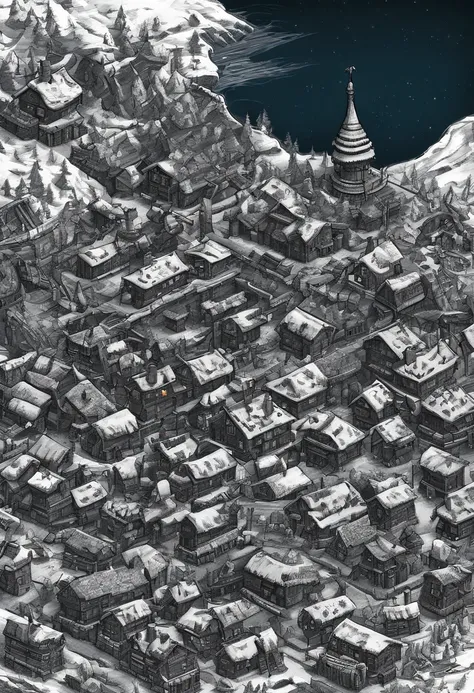 **large arctic fence around the town with 20 buildings, isometric, sci-fi, 3d, game art, retro sci-fi