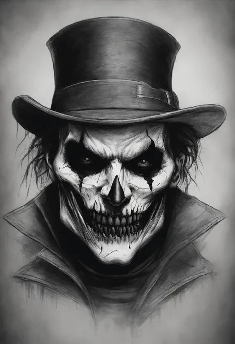 A sketch drawing of character skull joker, hyper-realistic, artistic, all black and white