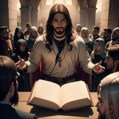 Jesus is preaching with the Bible to His disciples, rosto bem definido, 4k, cores vibrantes, Detalhes baixos