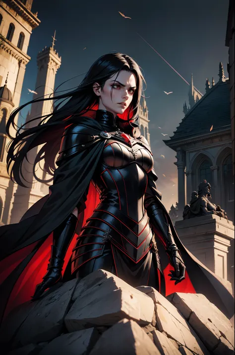 An adult vampire wizard character wearing black and red gothic armor. Seu cabelo tem com corte curto. Magnificent, noite, luz do luar, pegue a chave, Facial expression of anger, 8k, posicionada em cima de uma pedra elevada, olhando para frente, Sanctuary, ...