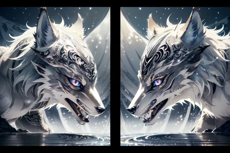 (silver metallic canvas on japan ink art:1.5), ash gray wolf, reflections, sharp fangs, sharp clear blue eyes, beautiful fur, tonal contrast, 16k, hyper real, intricate detailed, texture, twilight hour, catchlight, insane details, beautiful detailed glow, ...