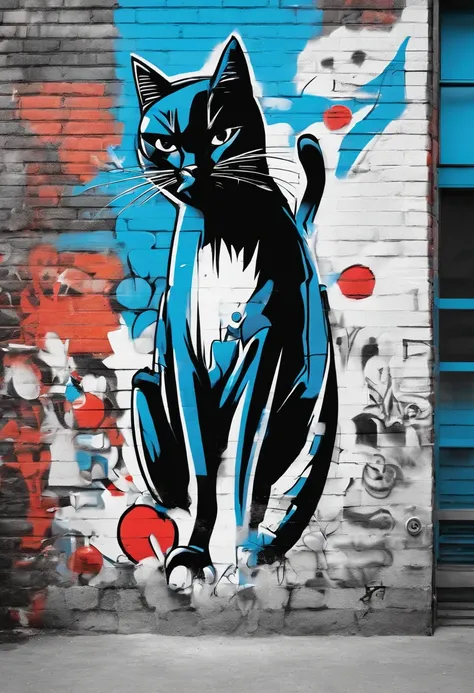 Black cat in white and blue background, urban art, 3d