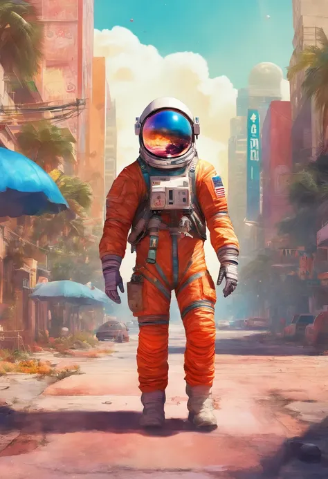 watercolor image of an astronaut standing in a miniature town, he is walking on a street in the middle of town, the background sky is earth and smaller planets, in the theme of sci-fi, in the style of vicente romero