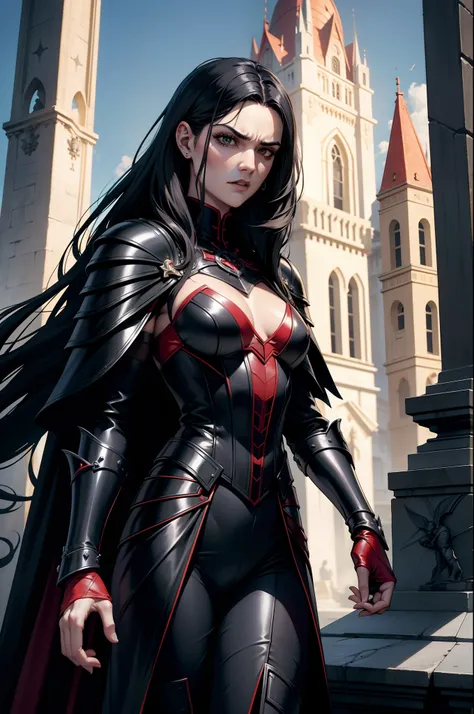 An adult vampire wizard character wearing black and red gothic armor. Seu cabelo tem com corte curto. Magnificent, noite, luz do luar, pegue a chave, Facial expression of anger, 8k, posicionada em cima de uma pedra elevada, olhando para frente, Sanctuary, ...