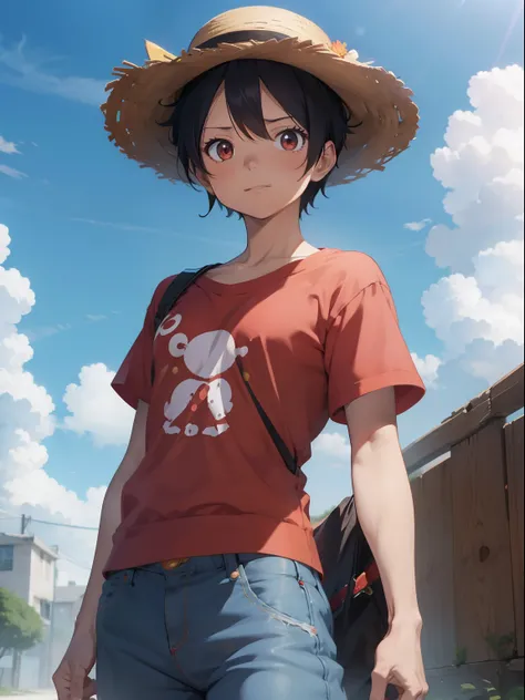 Luffy from One-piece , straw hat boy , red shirt blue short pant , hyper realistic Detailed high quality image 4k Image