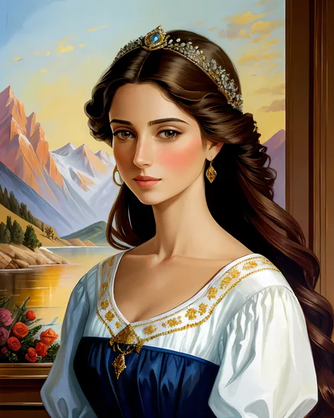 In an oil painting, a beautiful woman is portrayed in a stunning backdrop, capturing the essence of her allure and the beauty of the surroundings. The artists skillful brushwork and use of rich, vibrant colors bring depth and dimension to the artwork, remi...