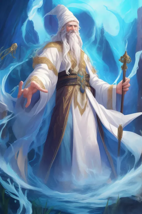 (masterpiece:1.2), (best quality:1.2), perfect eyes, perfect face, perfect lighting, 1boy, very old wizard holding a staff, white hair, absurdly long beard, wizard robes, wizard hat, swirling magic, flowing magic, colorful, fantasy, detailed outdoor backgr...