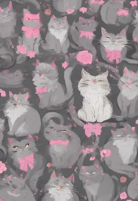 a wallpaper of cats with pink eyes, in the style of dark gray and light gray, animated gifs, whimsical cartoon, close-up, the helsinki school resolution=high, HD