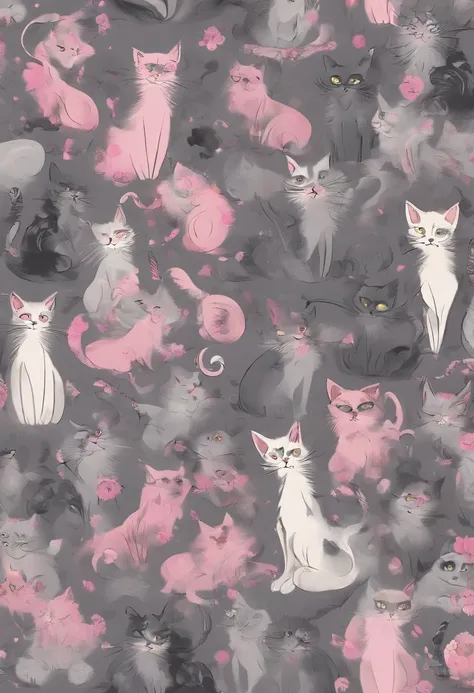 a wallpaper of cats with pink eyes, in the style of dark gray and light gray, animated gifs, whimsical cartoon, close-up, the helsinki school resolution=high, HD