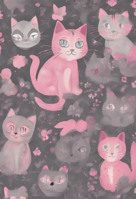 a wallpaper of cats with pink eyes, in the style of dark gray and light gray, animated gifs, whimsical cartoon, close-up, the helsinki school resolution=high, HD