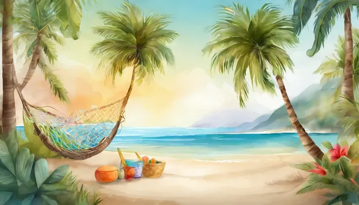 there are two palm trees and a hammock with pillows, summer setting, beach setting, cosy, illustration”, summer feeling, tropical style, holiday, near the beach, with palm trees in the back, holiday season, sunbathing. illustration, with potted palm trees,...