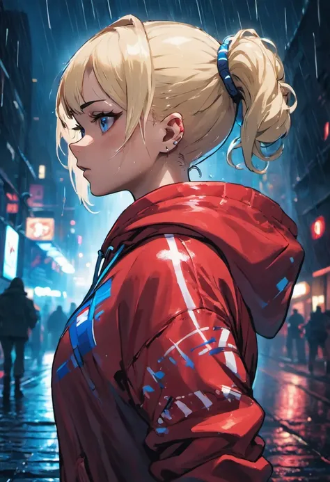 Closeup photograph, confident young cyberpunk woman with blonde and white hair in a bun, wearing a hoodie with red and blue designs on it, in a rain soaked street at night, photorealistic, cinematic lighting