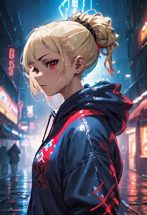 Closeup photograph, confident young cyberpunk woman with blonde and white hair in a bun, wearing a hoodie with red and blue designs on it, in a rain soaked street at night, photorealistic, cinematic lighting