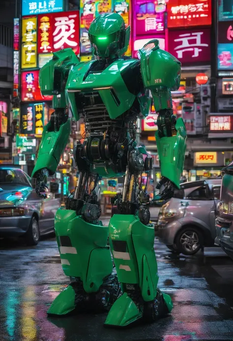 a very big green futuristic cyberpunk kawasaki ninja covered by a trasparent dome full of japanese stickers is parked in a Tokyo street, japan 90s style,hyper detailed, Photographic, japanese 90s fashion magazine, weird