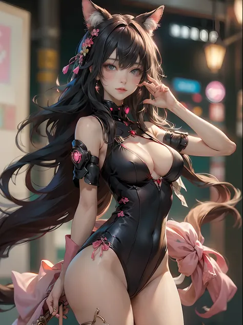 (best quality), ((masterpiece)), beautiful ((cyberpunk female anime catgirl)), depth of field, maximum, Cute face，Sweet girl，Artistic sense，Casual wear, butterflys，Cherry blossom petal，Beautiful hair accessories，long shapeless hair，pink cat ears,  Dynamic ...