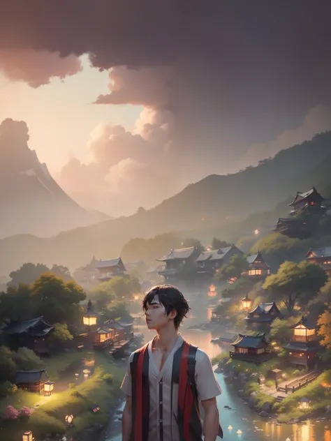 anime, boy , realistic face , untra realistic, lanterns, night, house, water, beautiful anime scene, artwork in the style of guweiz, andreas rocha style, inspired by Andreas Rocha, traditional japanese concept art, japan. volumetric lighting, by Yang J, ep...