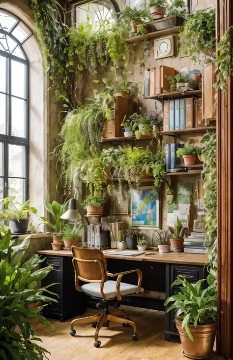 There is a table with a chair and a shelf with plants, sala cheia de plantas, adornado com todo o tipo de plantas, Lush plant and magical details, plantas urbanas da selva, perfect maximalistic composition, maximalista, cheio de plantas, Selva urbana, humo...