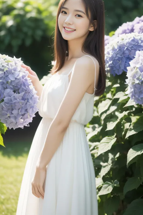 (​masterpiece、high-level image quality、hightquality),(Japan  Woman、Beautiful woman、The woman I admire、23years old)、Hydrangea song、youthfulness、infp young woman、Shyness、Look down diagonally and smile、(Perfect body、Beautiful limbs、White dress)、Plum rain、Cine...