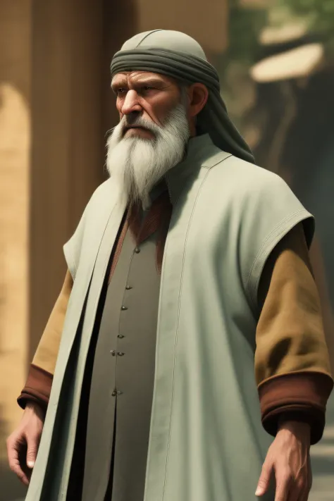 A-Zovya Photoreal (An old man contemplating the 3D 16k cinematic photo universe ), cabelos longos e barba longa 3D 16k, with a long tunic 3D 16k cinematic photo 3D 16k, com rosto altamente detalhado com poros e muitos detalhes  3D 16k , fotografia extremam...