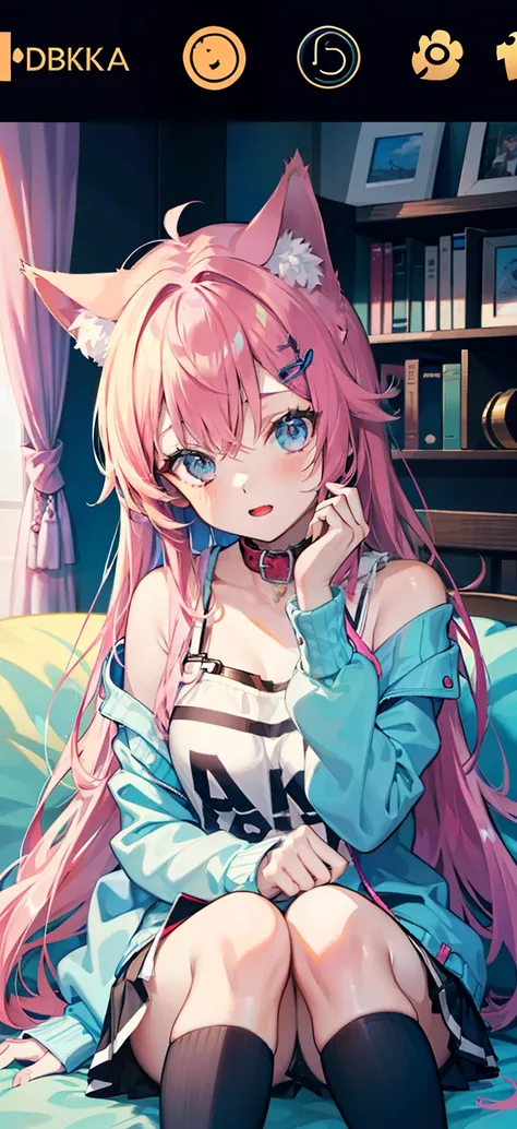 cat ear，teens girl，high qulity，Wearing a collar，Half of the shoulders are exposed