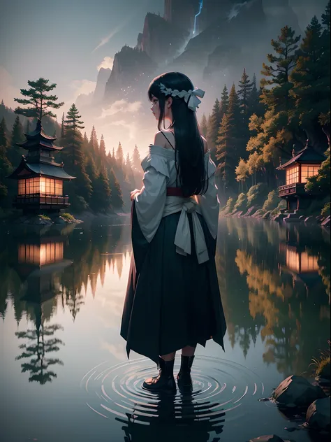 Top quality masterpiece, deep focus, anime, object, girl, lots of lanterns, glow light, night, house, water, reflection, beautiful anime scene, artwork in the style of guweiz, andreas rocha style, inspired by Andreas Rocha, japanese concept art, volumetric...